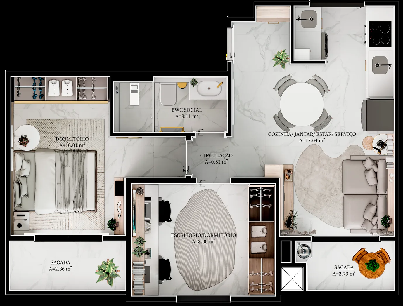 Planta baixa humanizada do apartamento frontal do Residencial Boaz, com os ambientes mobiliados e as áreas indicadas em metros quadrados