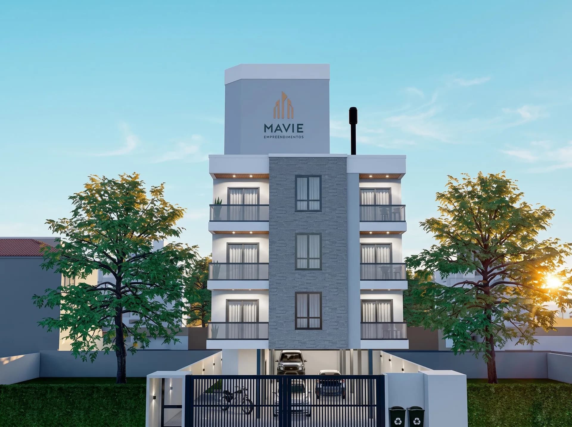 Render da fachada do Residencial Emanuel, com faixa central clara e a marca Mavie no topo