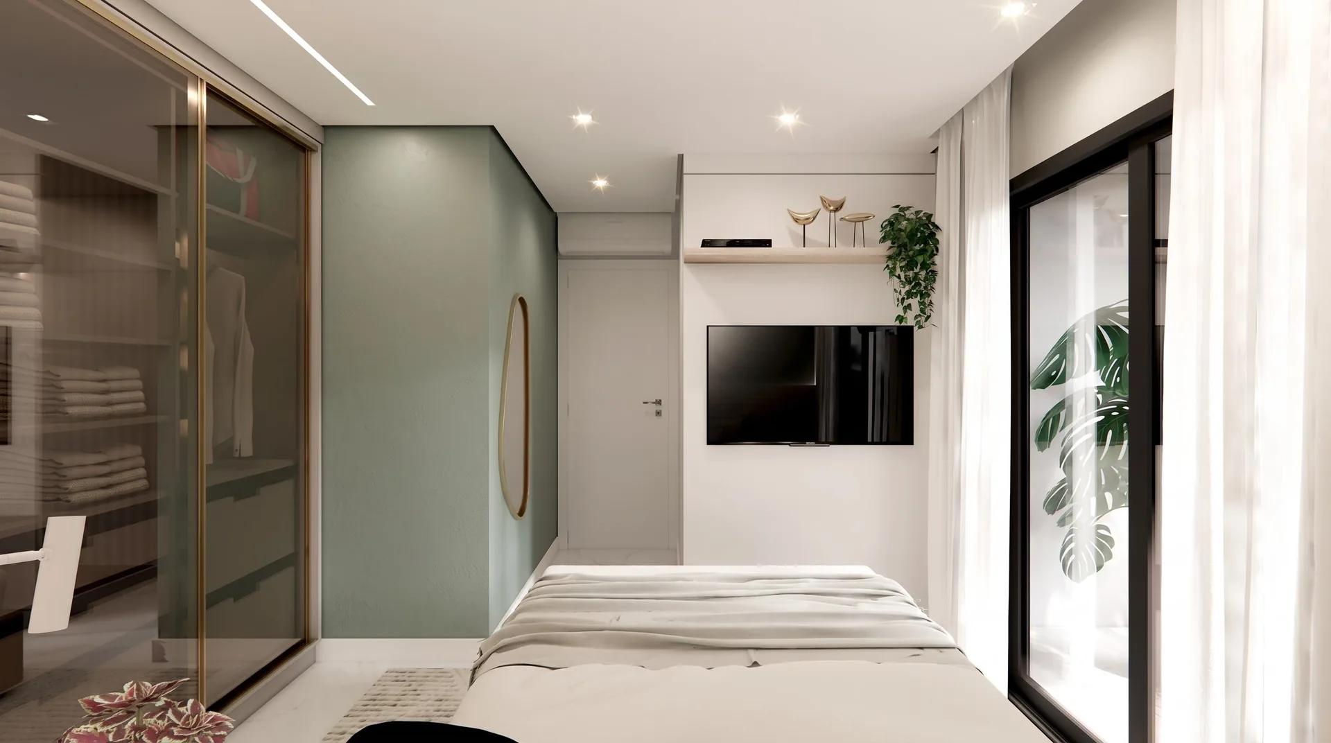 Render do dormitório com closet de portas de vidro e painel de televisão