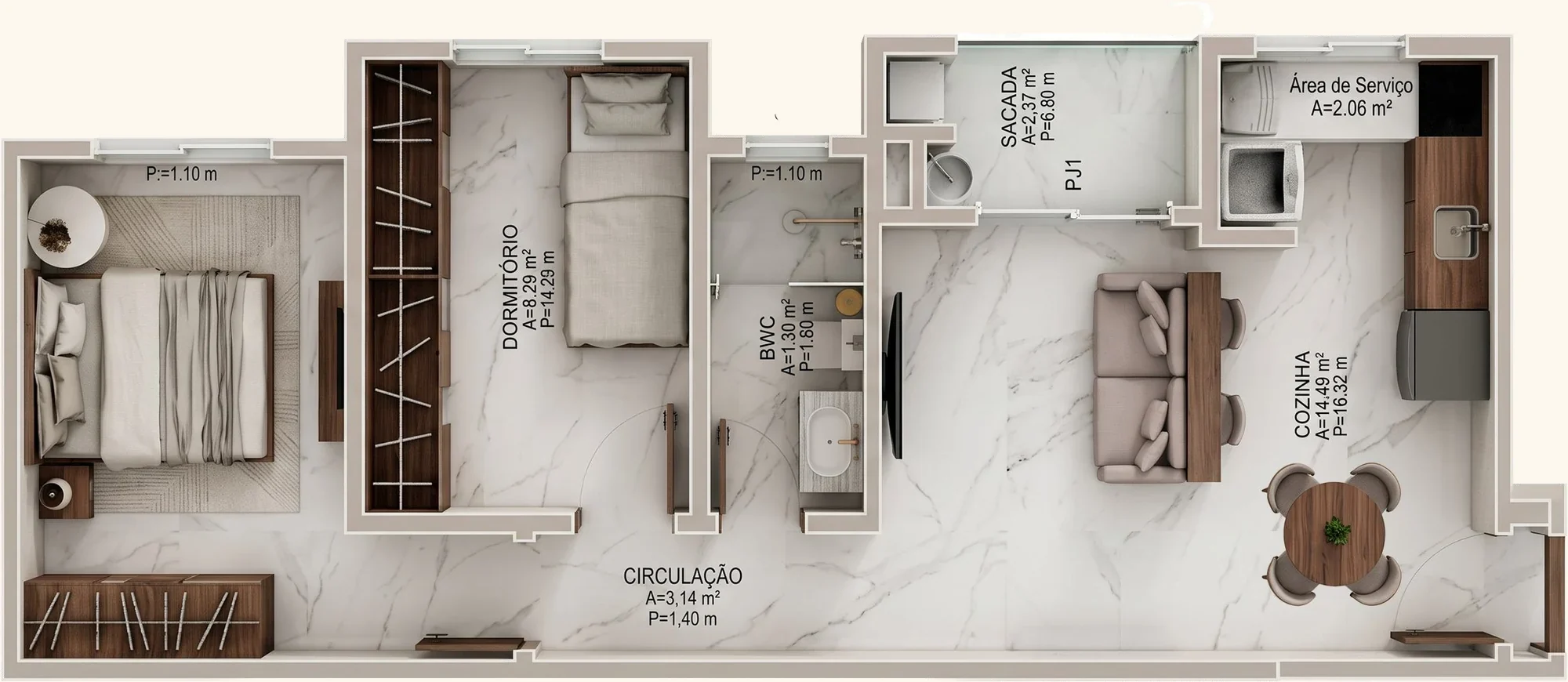 Planta humanizada do apartamento de aproximadamente 49 m² do Residencial Maanaim