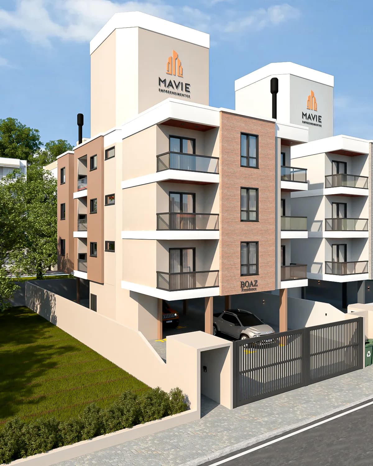 Render da fachada do Residencial Boaz em perspectiva, com revestimento em tijolo aparente, sacadas com guarda-corpo de vidro e a marca Mavie no topo