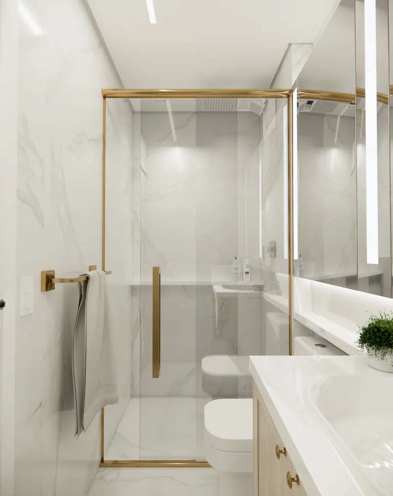 Render do banheiro social do Residencial Boaz visto da porta, com o box ao fundo e a bancada à direita