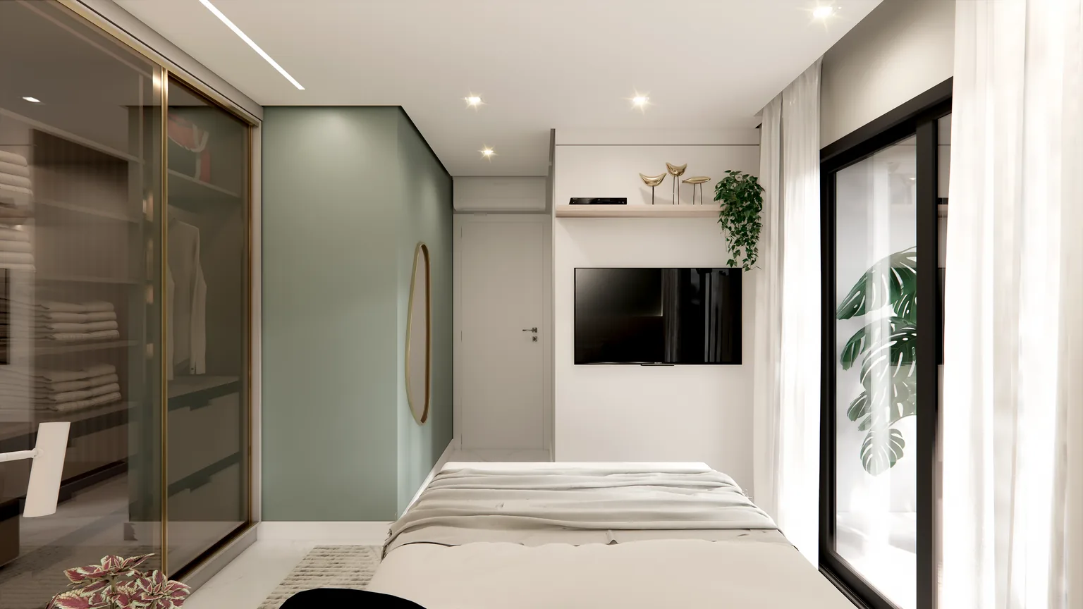 Render do dormitório principal do Residencial Boaz, com closet de portas de vidro e painel de televisão