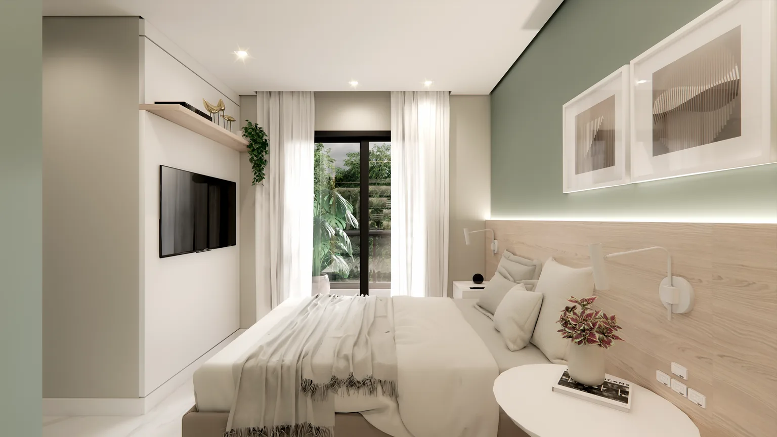 Render do dormitório principal do Residencial Boaz, com cabeceira em madeira e janela ao fundo