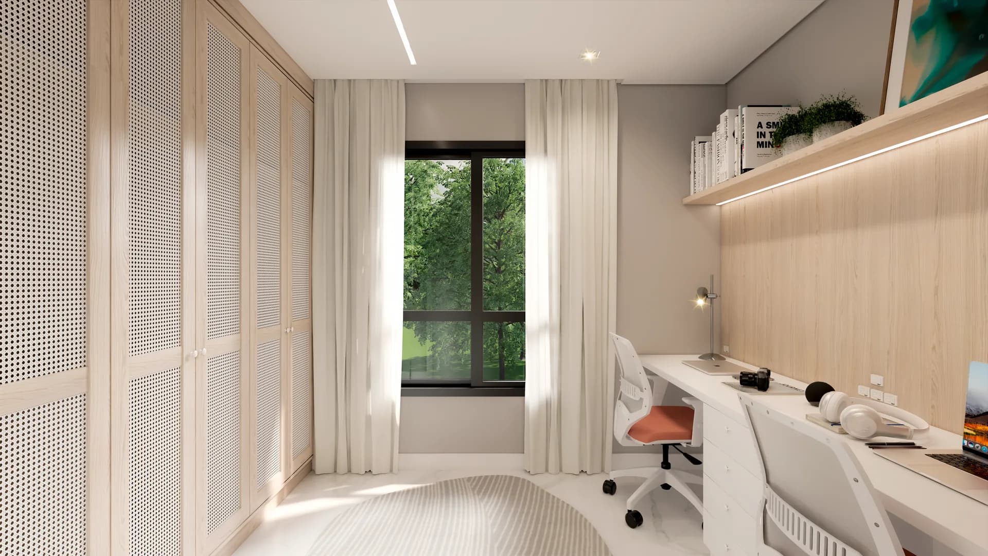 Render do escritório / dormitório 02 do Residencial Boaz visto da janela, com a bancada de trabalho e a porta do ambiente