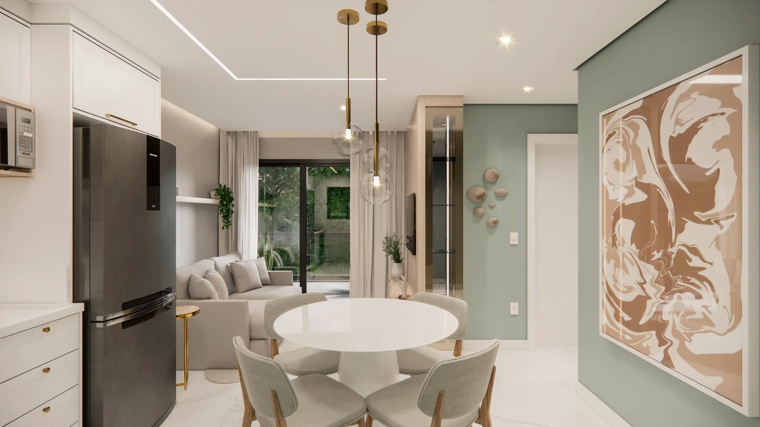 Render da área social do Residencial Boaz vista a partir da cozinha, com a mesa de jantar e o estar ao fundo