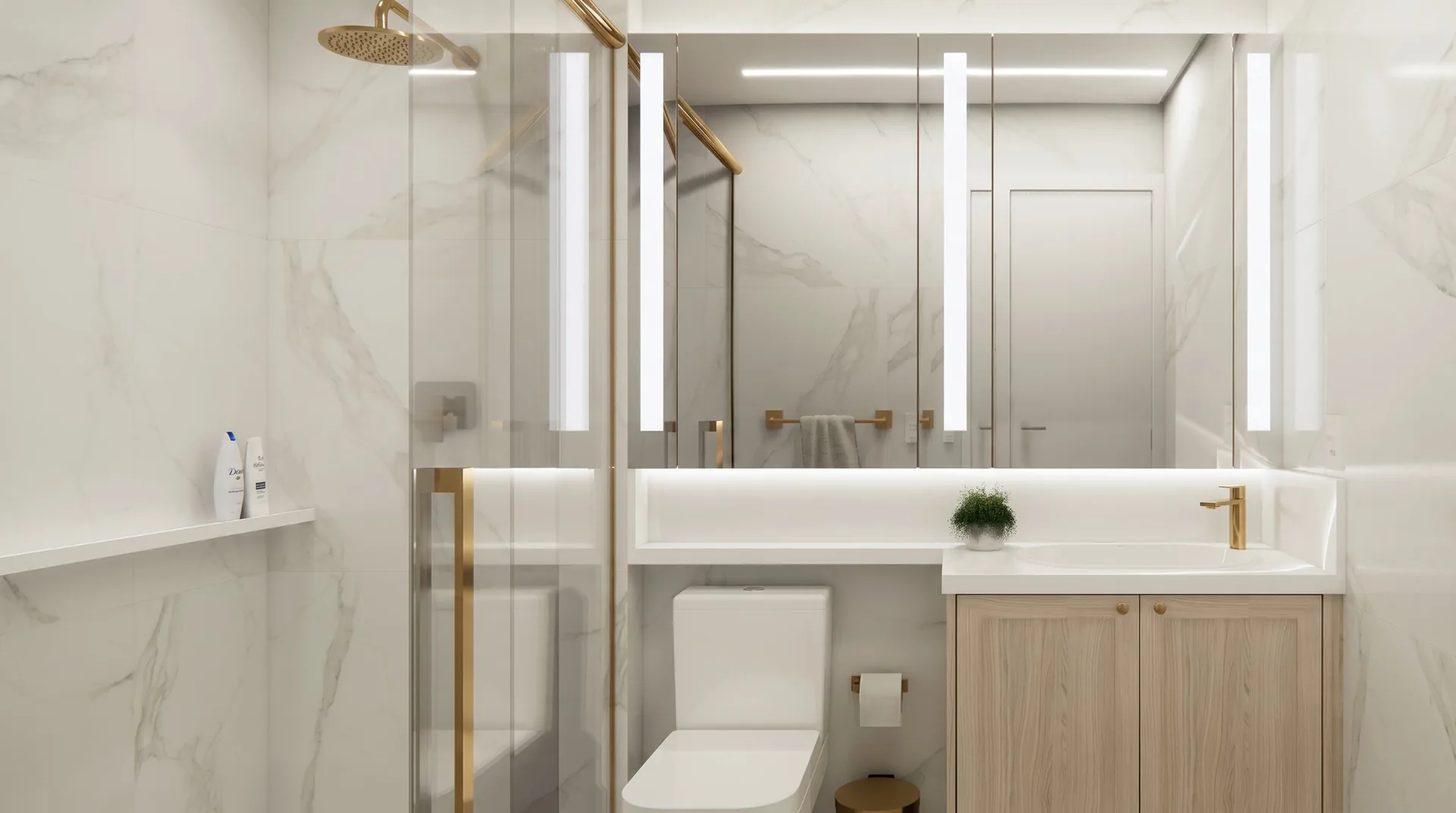 Render de ambiente interno do Residencial Maanaim: banheiro em porcelanato marmorizado até o teto, com iluminação embutida e box de vidro