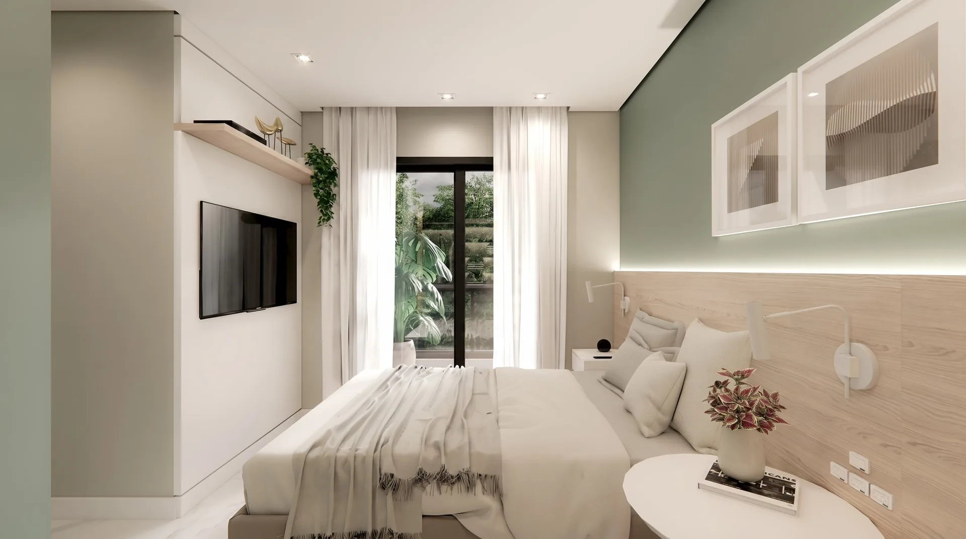 Render de dormitório do Residencial Maanaim com rebaixo em gesso, iluminação embutida e esquadria de alumínio
